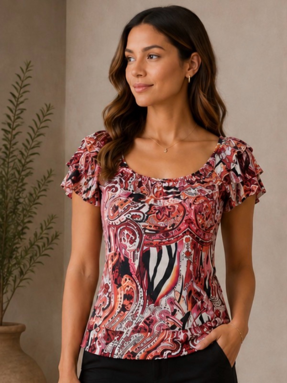 ESSENTIALS by MILANO Short Sleeve Top Blouse Scoop Neck Red Pink Women…